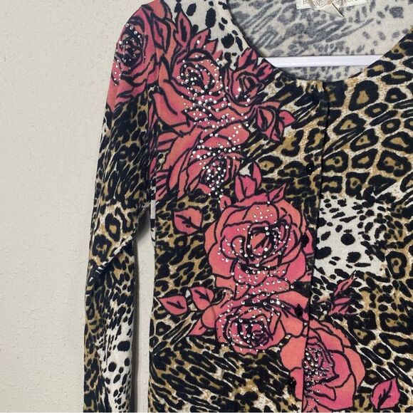 Boston Proper Animal Print Floral Jewled Button Front Cardigan Women's Size M - Picture 12 of 16